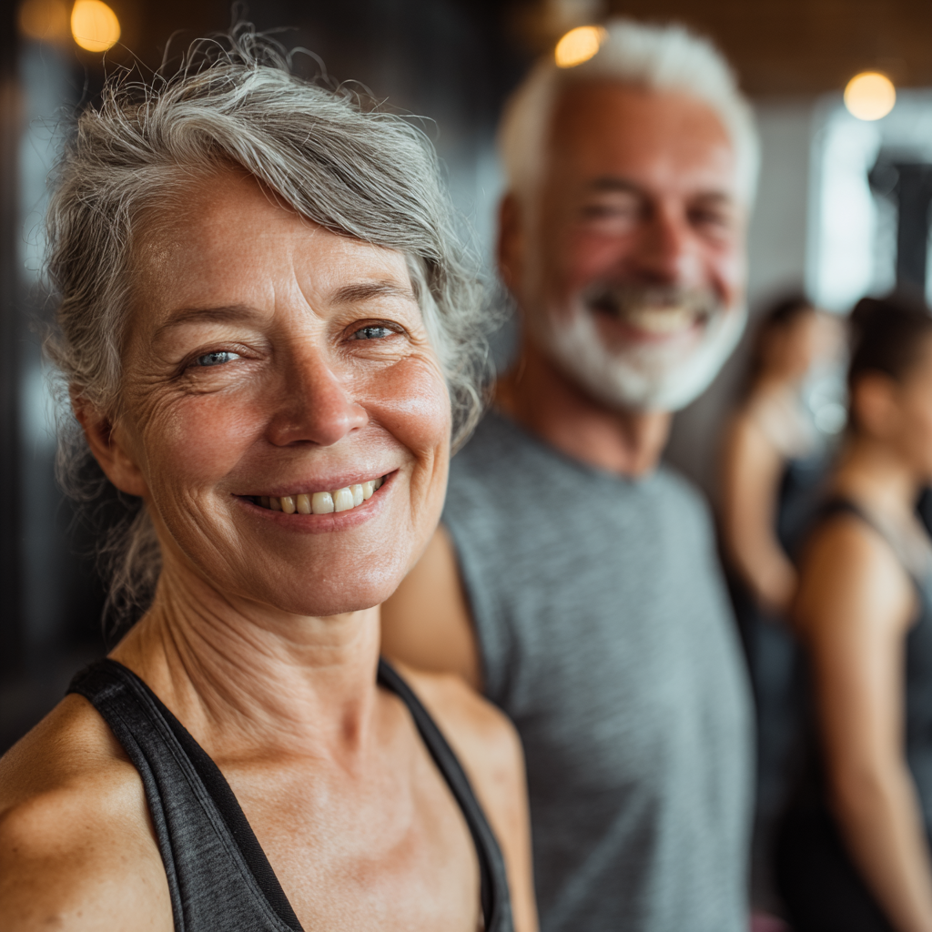 senior adults smiling after successful workout session in bright gym environment